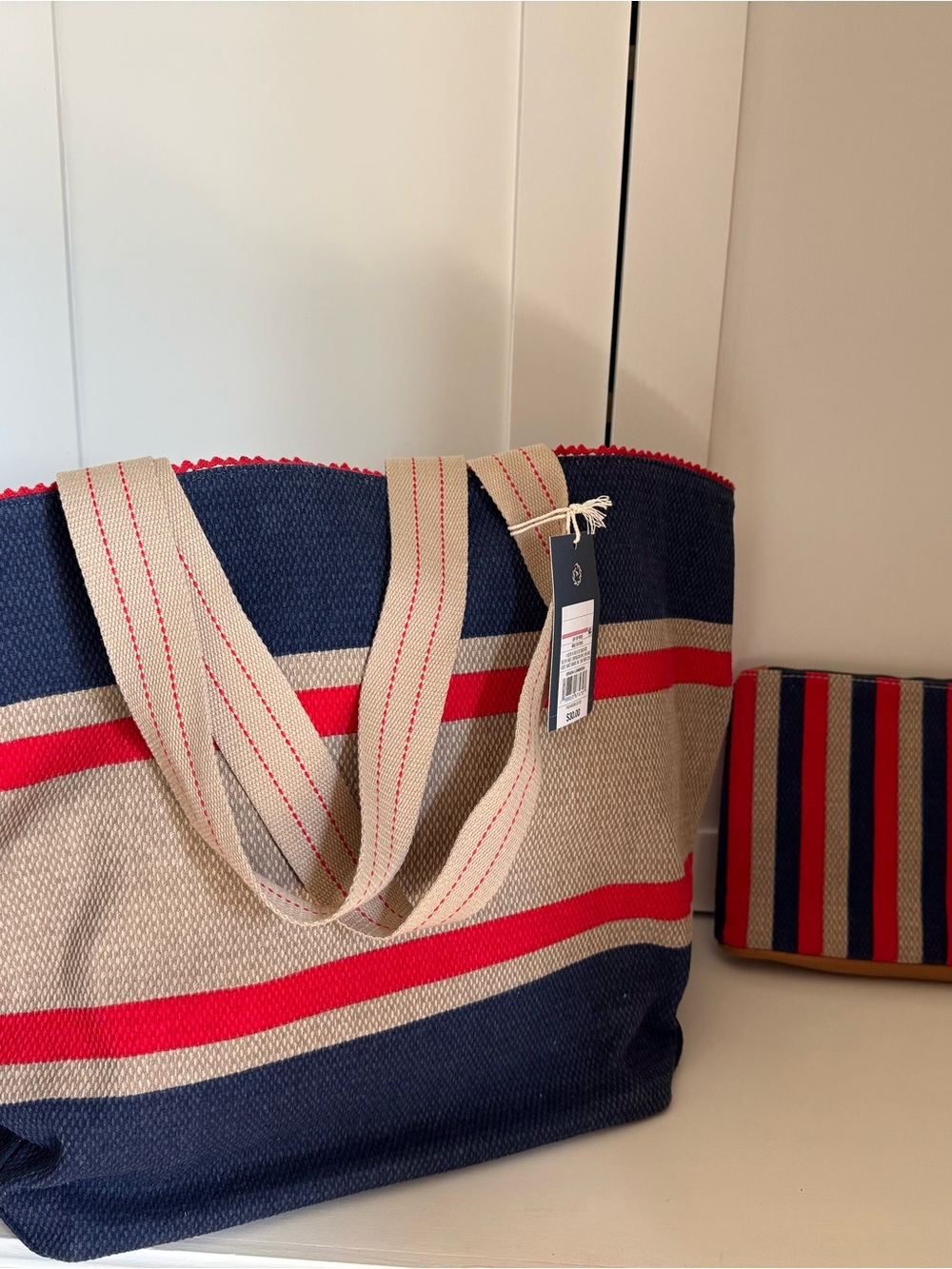 Universal Thread Navy, Red & Beige Striped Canvas Tote & Matching Zippered Pouch